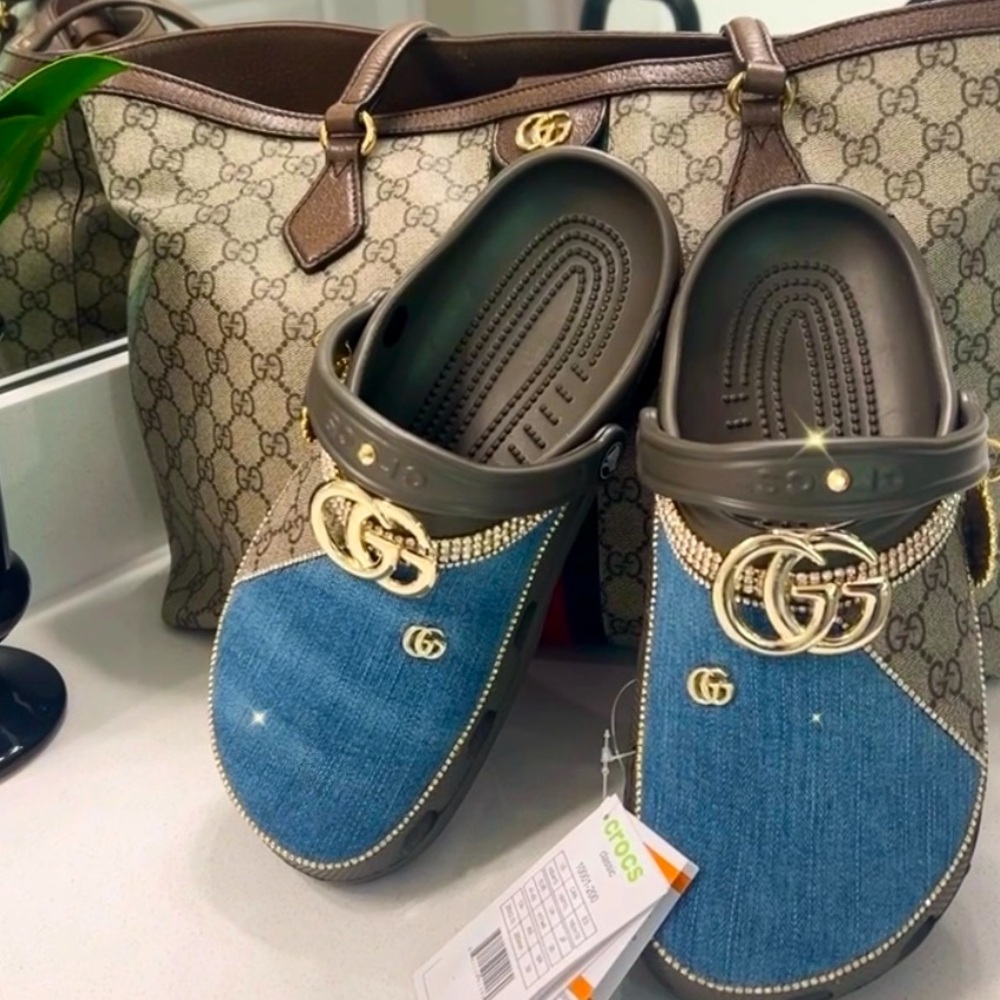 Custom customized denim Brown Crocs with signature canvas. Made to order.